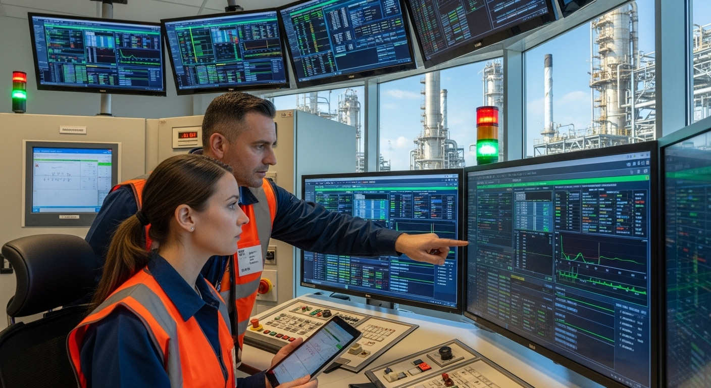 Ingineri analizând date pe un terminal industrial într-o rafinărie modernă.