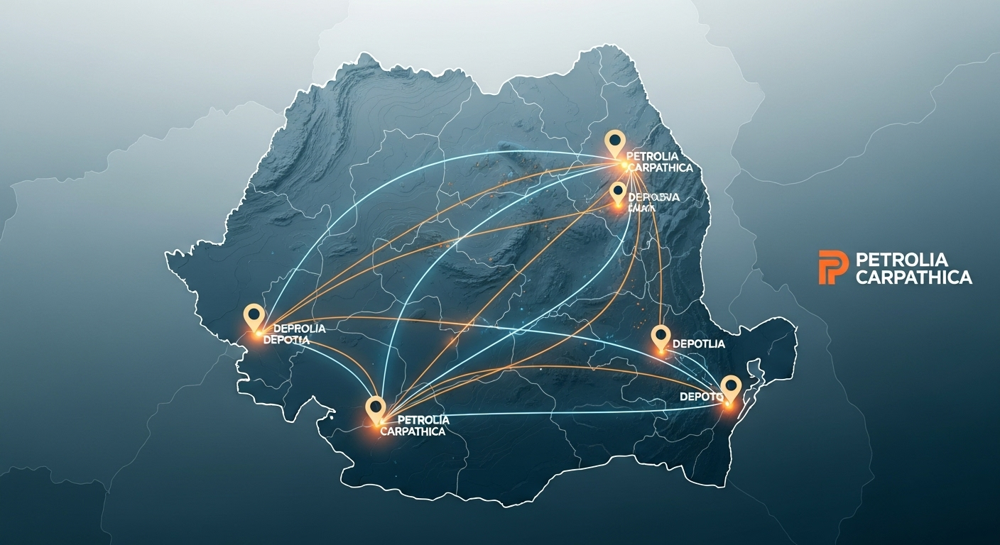 Hartă stilizată a României cu puncte cheie reprezentând depozitele și rutele logistice Petrolia Carpathica.