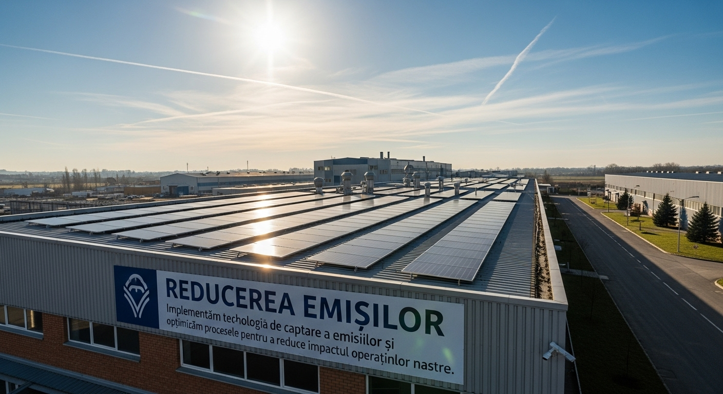 Panouri solare instalate pe acoperișul unei clădiri industriale.