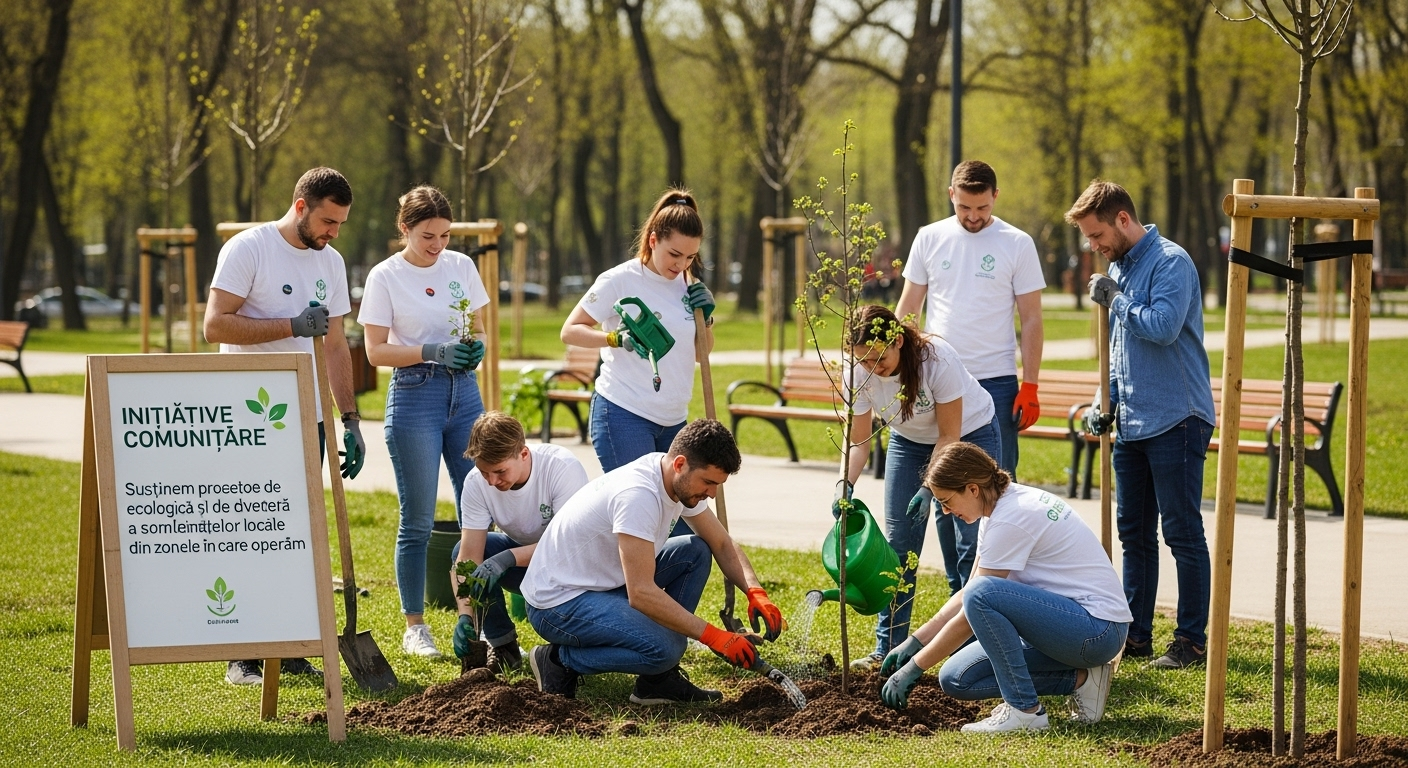 Voluntari plantând copaci într-un parc local.
